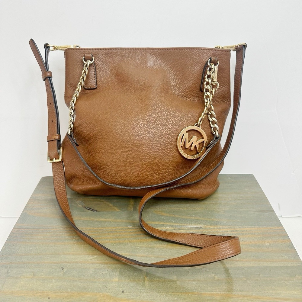 MICHAEL KORS Brown Pebbled Leather Gold Chain Handle‎ Shoulder Crossbody Bag